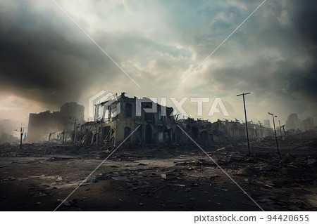 A post-apocalyptic ruined city. Destroyed buildings, burnt-out vehicles and ruined roads. 3D rendering A post-apocalyptic ruined city. Destroyed buildings, burnt-out vehicles and ruined roads. 3D rendering 94420655