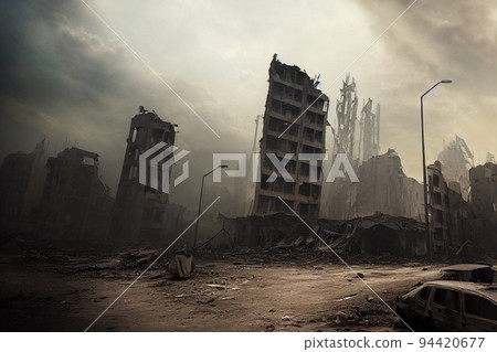 A post-apocalyptic ruined city. Destroyed buildings, burnt-out vehicles and ruined roads. 3D rendering A post-apocalyptic ruined city. Destroyed buildings, burnt-out vehicles and ruined roads. 3D rendering 94420677