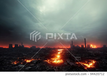 A post-apocalyptic ruined city. Destroyed buildings, burnt-out vehicles and ruined roads. 3D rendering 94420712