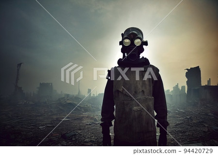 A stalker survivor in protective clothing and an old gas mask against the apocalyptic backdrop of a destroyed city. Survivor of nuclear war. 3d rendering A stalker survivor in protective clothing and an old gas mask against the apocalyptic backdrop of a destroyed city. Survivor of nuclear war. 3d rendering 94420729