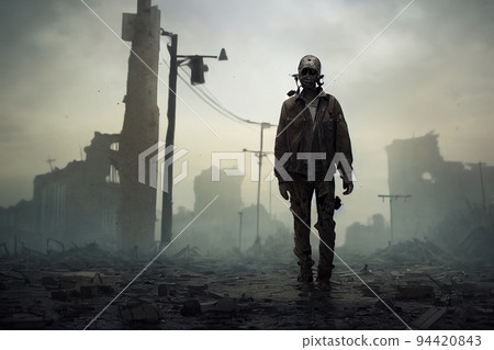 A stalker survivor in protective clothing and an old gas mask against the apocalyptic backdrop of a destroyed city. Survivor of nuclear war. 3d rendering A stalker survivor in protective clothing and an old gas mask against the apocalyptic backdrop of a destroyed city. Survivor of nuclear war. 3d rendering 94420843