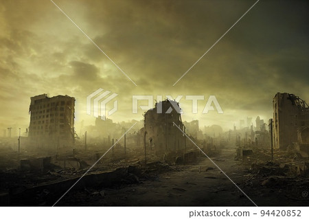 A post-apocalyptic ruined city. Destroyed buildings, burnt-out vehicles and ruined roads. 3D rendering A post-apocalyptic ruined city. Destroyed buildings, burnt-out vehicles and ruined roads. 3D rendering 94420852