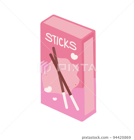 Hand-drawn cute isolated clipart illustration of pink box of snack sticks Hand-drawn cute isolated clipart illustration of pink box of snack sticks 94420869