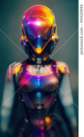 Portrait of a girl in a futuristic cyberpunk style in a cyber chrome suit. A high-tech man from the future. The concept of virtual reality and cyberpunk. Portrait of a girl in a futuristic cyberpunk style in a cyber chrome suit. A high-tech man from the future. The concept of virtual reality and cyberpunk. 94420948