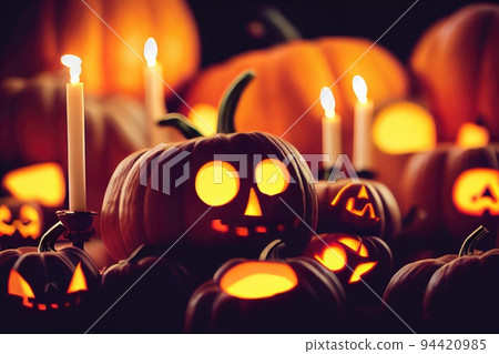 A dramatic, mystical backdrop for Halloween. Halloween pumpkins, candles and skulls. 3D rendering 94420985
