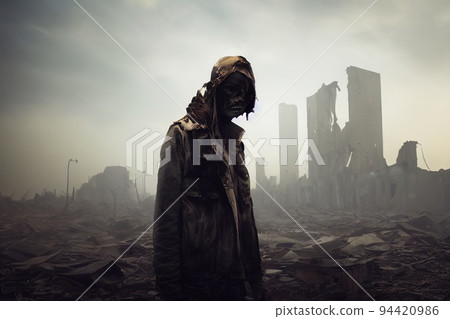 A stalker survivor in protective clothing and an old gas mask against the apocalyptic backdrop of a destroyed city. Survivor of nuclear war. 3d rendering 94420986