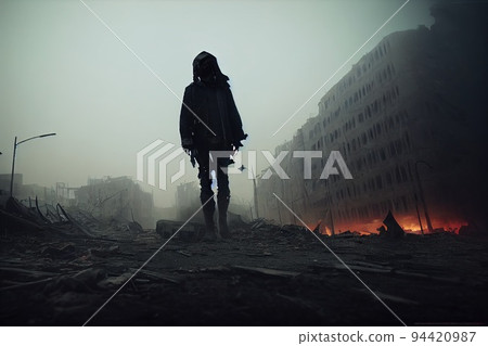 A stalker survivor in protective clothing and an old gas mask against the apocalyptic backdrop of a destroyed city. Survivor of nuclear war. 3d rendering A stalker survivor in protective clothing and an old gas mask against the apocalyptic backdrop of a destroyed city. Survivor of nuclear war. 3d rendering 94420987