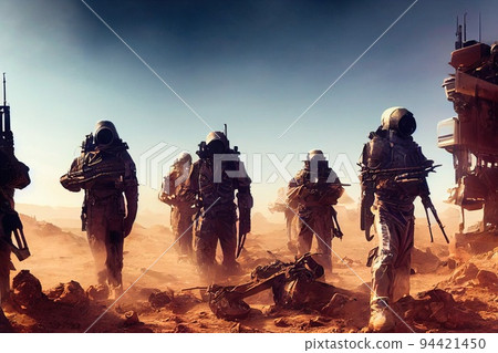 An epic battlefield during the post-apocalypse. Cinematic Dramatic Futuristic Fantasy. 3D render. An epic battlefield during the post-apocalypse. Cinematic Dramatic Futuristic Fantasy. 3D render. 94421450