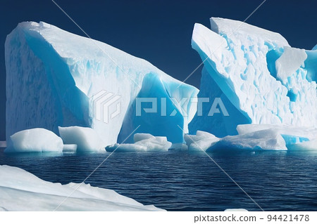 A sunny day in cold Antarctica. Antarctic icebergs. Reflection of icebergs in clear deep transparent water. 3D rendering A sunny day in cold Antarctica. Antarctic icebergs. Reflection of icebergs in clear deep transparent water. 3D rendering 94421478