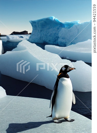 Emperor penguins on the ice in the Antarctic. Cold Antarctic and ice blocks. 3D rendering 94421559