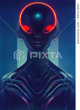 Creepy alien invader against a background of blurry lights. The concept of an alien from an alien planet. 3D render 94421664