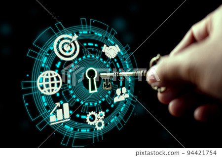 Hand with key. Key Performance Indicator (KPI) with icons for business, teamwork, target, growth. Key to success. Hand with key. Key Performance Indicator (KPI) with icons for business, teamwork, target, growth. Key to success. 94421754