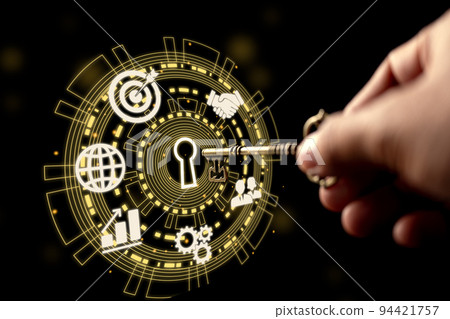 Key in hand. Business, teamwork, aim, and growth symbols on a Key Performance Indicator (KPI). The secret to success. Key in hand. Business, teamwork, aim, and growth symbols on a Key Performance Indicator (KPI). The secret to success. 94421757