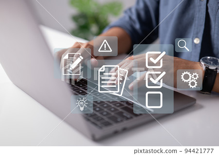 Concept of standard quality control and certification, checkbox icon of guarantee. Concept of standard quality control and certification, checkbox icon of guarantee. 94421777