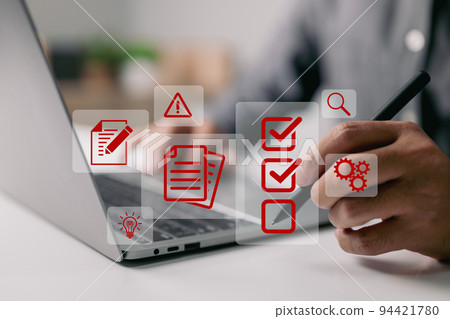 The concept of standard quality control and certification assurance, represented by a checkbox emblem of guarantee. The concept of standard quality control and certification assurance, represented by a checkbox emblem of guarantee. 94421780