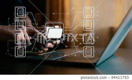 Document Management System (DMS), online documentation database, and process automation to efficiently manage files, knowledge, and documents in a company using ERP. Corporate business technology. 94421783