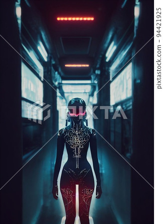 A cyberpunk portrait of an attractive woman in the unusual clothing of the future. Fashion of the future and the cyberpunk concept. 3D rendering A cyberpunk portrait of an attractive woman in the unusual clothing of the future. Fashion of the future and the cyberpunk concept. 3D rendering 94421925