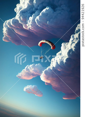 A parachutist flies through the clouds in the blue sky. 3D rendering. 94421926