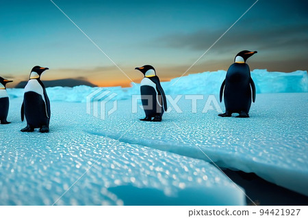Emperor penguins on the ice in the Antarctic. Cold Antarctic and ice blocks. 3D rendering Emperor penguins on the ice in the Antarctic. Cold Antarctic and ice blocks. 3D rendering 94421927