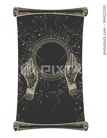 Magic scroll for halloween, hands hold a crystal ball of predictions. Black sheet of paper with a pattern isolated on a white background. Vector hand drawing illustration for a witch. Magic scroll for halloween, hands hold a crystal ball of predictions. Black sheet of paper with a pattern isolated on a white background. Vector hand drawing illustration for a witch. 94422391