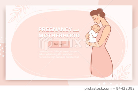 Banner of pregnancy and motherhood with place for text. Happy woman with baby, breastfeeding card, obstetrics and motherhood support. Vector flat cartoon landing page template. Banner of pregnancy and motherhood with place for text. Happy woman with baby, breastfeeding card, obstetrics and motherhood support. Vector flat cartoon landing page template. 94422392