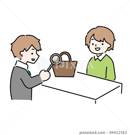 Illustration of a man who is assessing the purchase of a brand bag Illustration of a man who is assessing the purchase of a brand bag 94422563