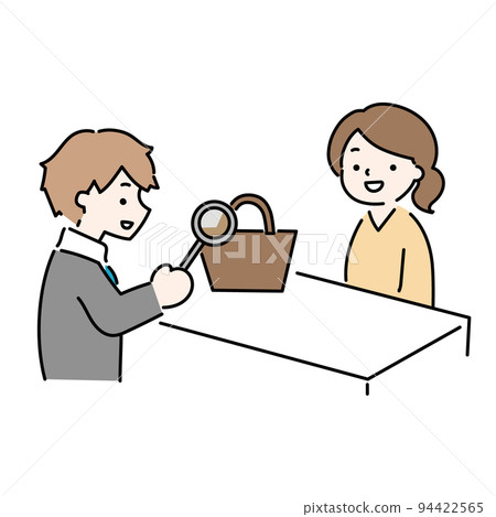 Illustration of a man who is assessing the purchase of a brand bag Illustration of a man who is assessing the purchase of a brand bag 94422565