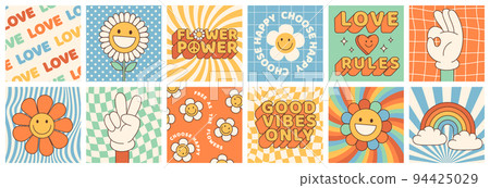 Groovy hippie 70s set. Funny cartoon flower, rainbow, peace, Love, heart, daisy, mushroom etc. Sticker pack in trendy retro psychedelic cartoon style. Isolated vector illustration. Flower power. 94425029
