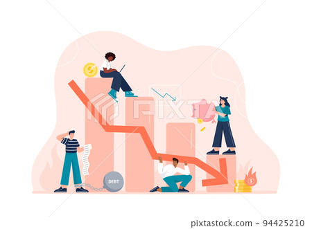 Economic crisis concept. The stock market fell down, prices drop, and investing failures or mistakes. People lose their money, savings, and investments. Vector flat illustration with characters. Economic crisis concept. The stock market fell down, prices drop, and investing failures or mistakes. People lose their money, savings, and investments. Vector flat illustration with characters. 94425210
