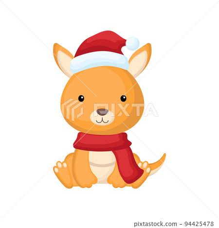 Cute little kangaroo sitting in a Santa hat and red scarf. Cartoon animal character for kids t-shirts, nursery decoration, baby shower, greeting card, invitation. Isolated vector stock illustration 94425478