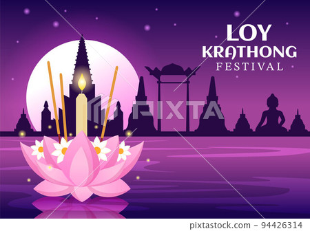 Loy Krathong Festival Celebration in Thailand Template Hand Drawn Cartoon Flat Illustration with Lanterns and Krathongs Floating on Water Design Loy Krathong Festival Celebration in Thailand Template Hand Drawn Cartoon Flat Illustration with Lanterns and Krathongs Floating on Water Design 94426314