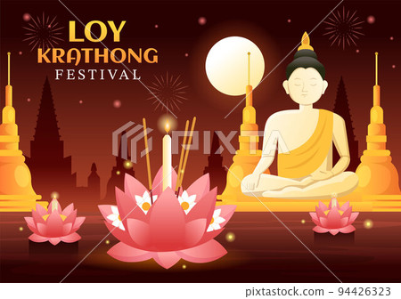 Loy Krathong Festival Celebration in Thailand Template Hand Drawn Cartoon Flat Illustration with Lanterns and Krathongs Floating on Water Design 94426323