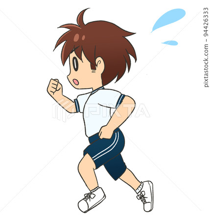 一個跑步的男孩穿著短袖和短褲的運動服 一個跑步的男孩穿著短袖和短褲的運動服 94426333