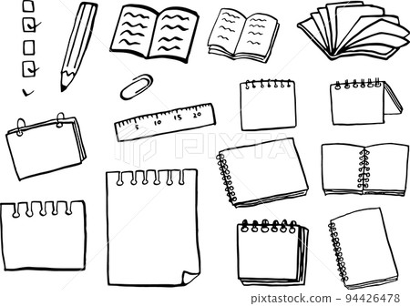 用筆(黑白)繪製的備忘錄和文具插圖集 用筆(黑白)繪製的備忘錄和文具插圖集 94426478