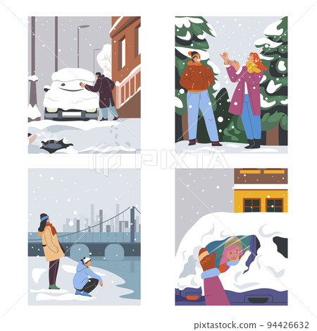 City in winter, people playing outside in snow City in winter, people playing outside in snow 94426632