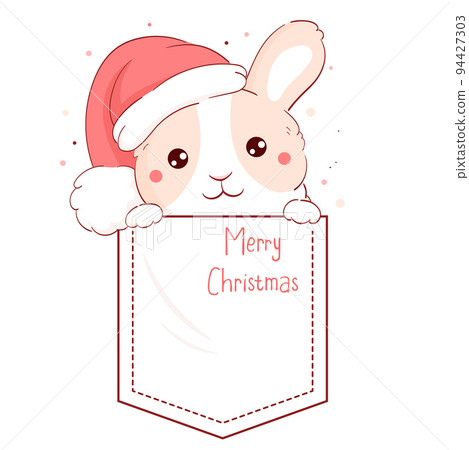 Lovely bunny in pocket. Inscription Merry Christmas. Baby print with rabbit in pocket Lovely bunny in pocket. Inscription Merry Christmas. Baby print with rabbit in pocket 94427303