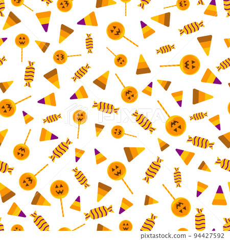 Halloween candy seamless pattern. Halloween party background with lollipops, candy corn. Different types halloween sweets. Design for wrapping paper, wallpaper, packing, fabric. Vector illustration Halloween candy seamless pattern. Halloween party background with lollipops, candy corn. Different types halloween sweets. Design for wrapping paper, wallpaper, packing, fabric. Vector illustration 94427592