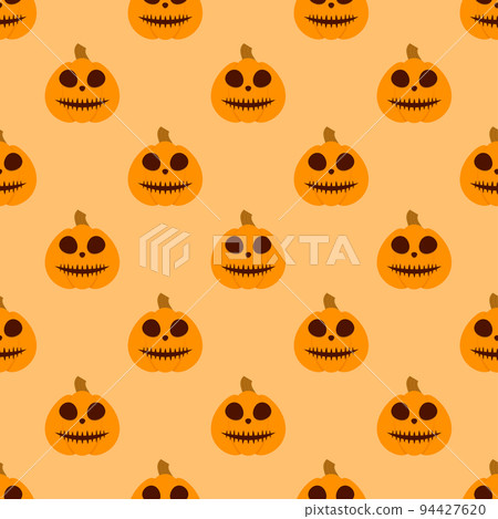 Halloween pumpkin seamless pattern. Halloween pumpkin lanterns on yellow background. Halloween background with orange pumpkin. Design for print wrapping paper, wallpaper, fabric. Vector illustration 94427620