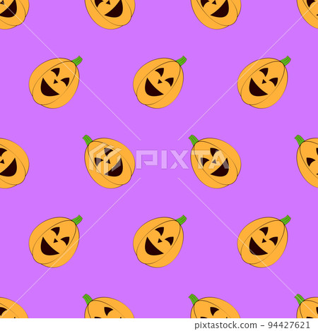 Halloween pumpkins seamless pattern. Halloween pumpkin lanterns on purple background. Halloween background. Jack-o'-lantern. Design for print wrapping paper, fabric, wallpaper. Vector illustration Halloween pumpkins seamless pattern. Halloween pumpkin lanterns on purple background. Halloween background. Jack-o'-lantern. Design for print wrapping paper, fabric, wallpaper. Vector illustration 94427621
