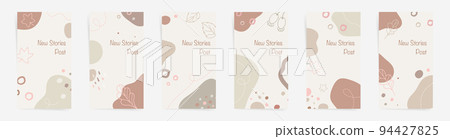 Autumn sale story posts fashion template set. Autumn leaves and abstract shapes for sale promo posts. Fall design with oak and maple leaves, brown and beige colors. Vector templates set. 94427825