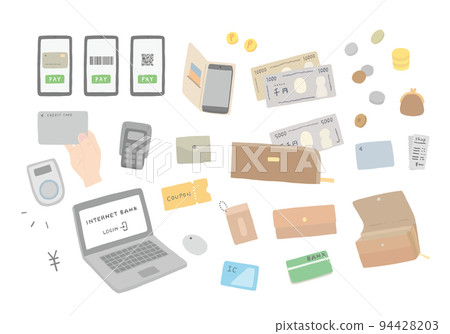 與各種付款方式和金錢相關的手繪插圖集（彩色/無輪廓） 94428203