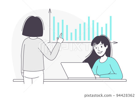 Woman Business Character Sitting at Desk with Laptop and Chart Working with Data Vector Illustration Woman Business Character Sitting at Desk with Laptop and Chart Working with Data Vector Illustration 94428362