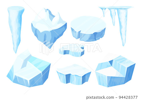 Set Ice floe, frozen water piece, iceberg in cartoon style isolated on white background. Polar landscape element, ui game asset. Winter decoration. 94428377