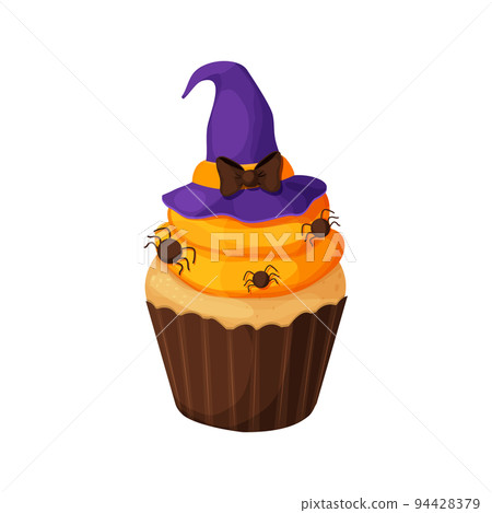 Cupcake Halloween witch hat on orange cream decorated with spiders dessert in cartoon style isolated on white background. 94428379