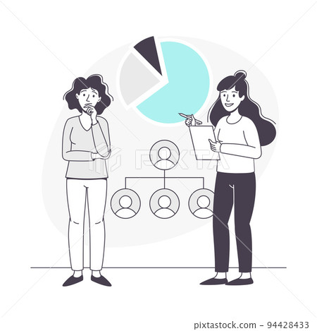 Woman Business Character with Coworker and Pie Chart Discussing Strategy Vector Illustration Woman Business Character with Coworker and Pie Chart Discussing Strategy Vector Illustration 94428433