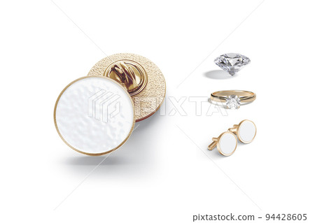Blank gold enamel pin, ring, cufflinks and diamond mockup, isolated Blank gold enamel pin, ring, cufflinks and diamond mockup, isolated 94428605