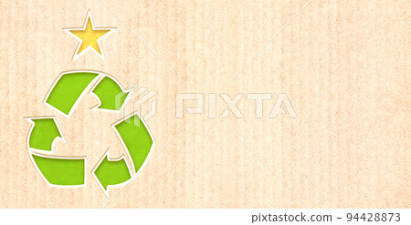 Green Christmas. Arrows recycle symbol on striped cardboard texture. Horizontal banner with eco paper texture 94428873