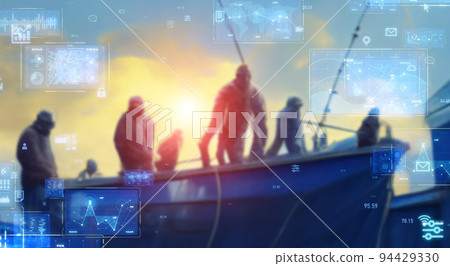 漁船和技術、智能釣魚、橫幅和廣告的水平視覺效果 94429330