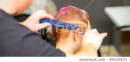 Haircut of dyed short pink wet hair of young caucasian woman by a male hairdresser in a barbershop Haircut of dyed short pink wet hair of young caucasian woman by a male hairdresser in a barbershop 94429423