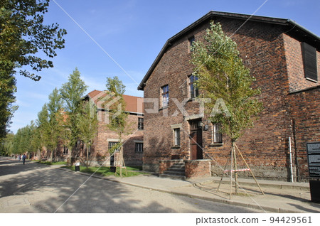 Poland, Auschwitz, Concentration Camp I, rows of prisoner (inmate) buildings 94429561